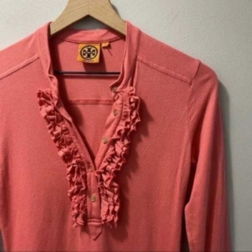 Tory Burch Coral Romilly Polo Long Sleeve Top Ruffled Preppy Chic Size Small